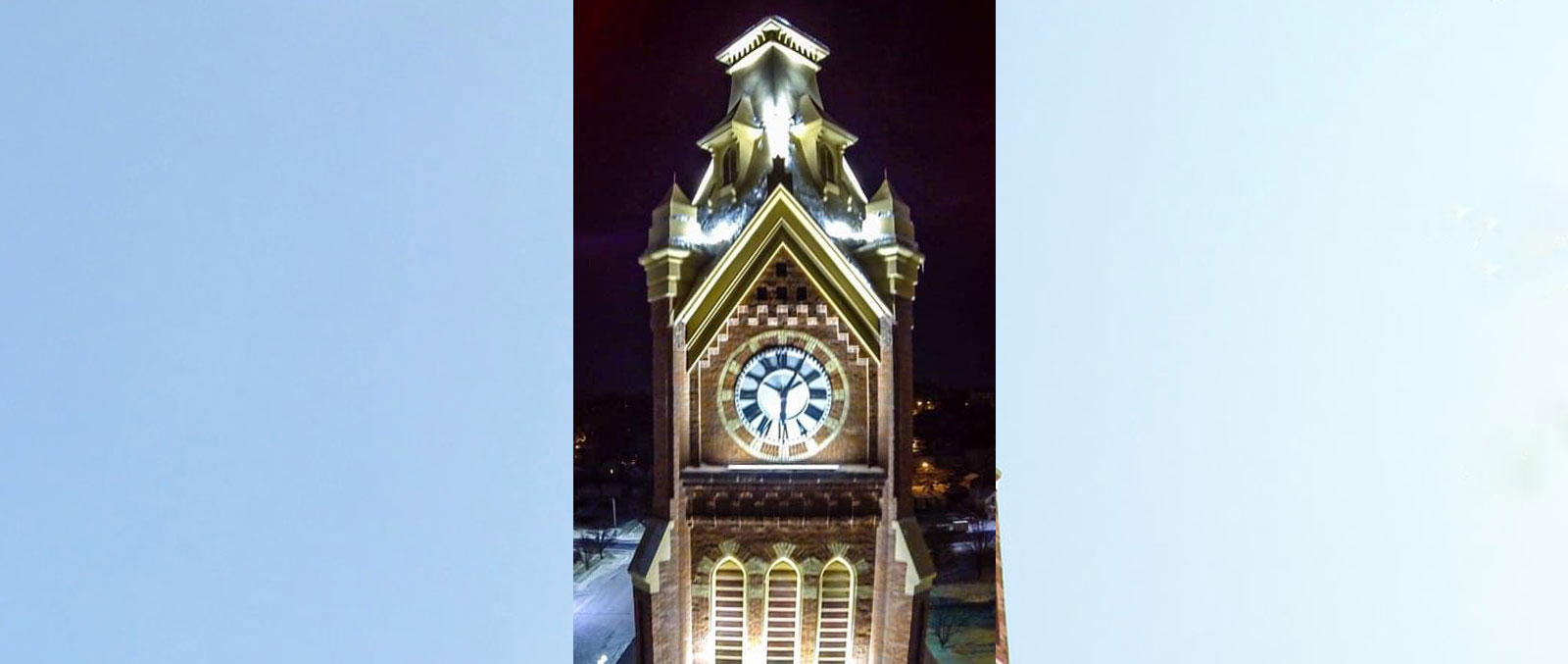 Photo showing the steeple of the First Lutheran Church building